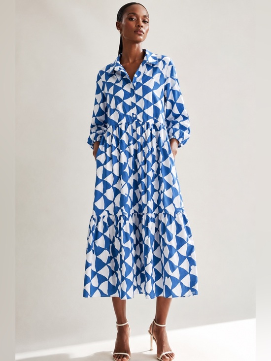 Rachel Zoe Dresses & Skirts - Rachel Zoe Blue White Geometric Print Tiered Shirt Midi Dress Cotton M